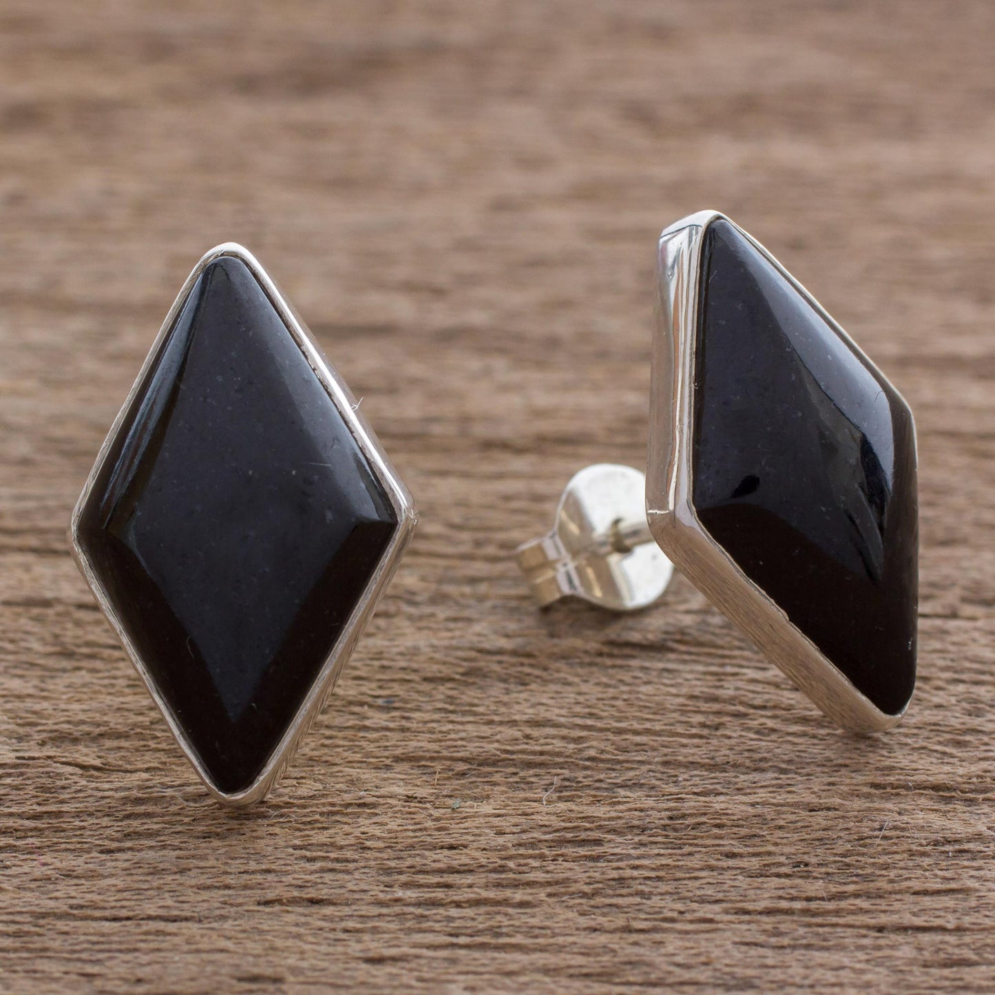 Midnight Maya Diamond Modern Guatemalan Black Jade Post Earrings