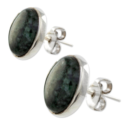 Dark Voluptuous Green Modern Maya Jade Post Earrings with Sterling Silver