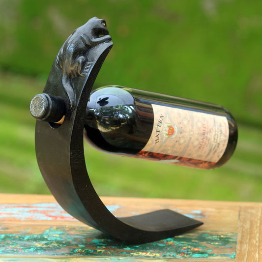 Black Lizard Hand Crafted Wood Bottle Holder with Lizard from Indonesia