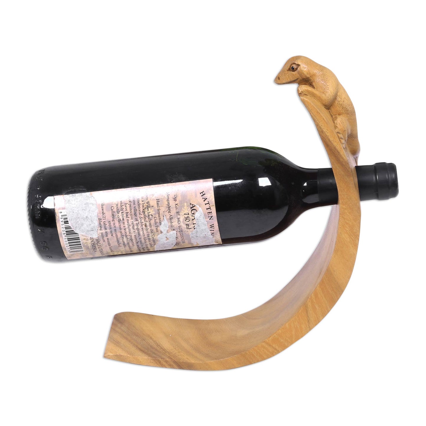 Brown Balinese Lizard Lizard Theme Hand Carved Brown Wood Wine Bottle Holder