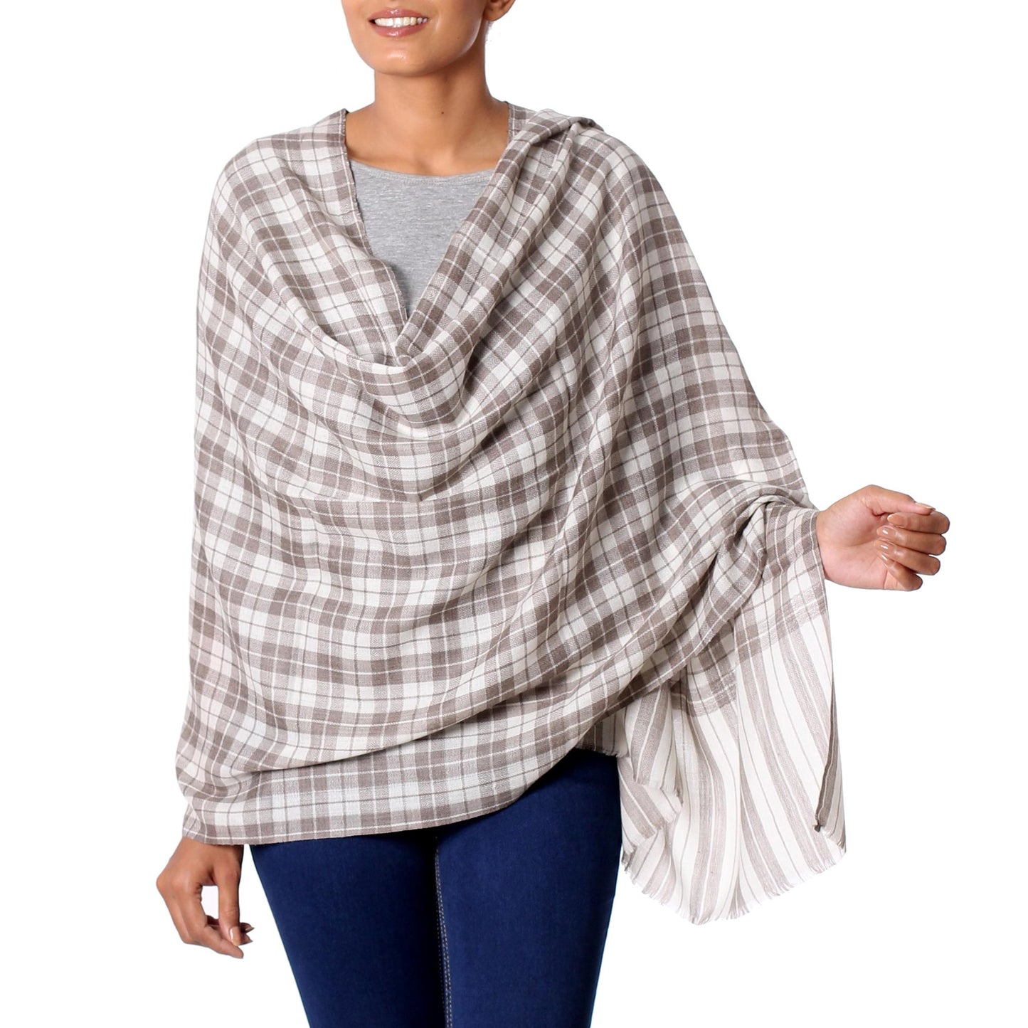 Salient Paths Wool Shawl from India Grey Checkered Pattern over Cream