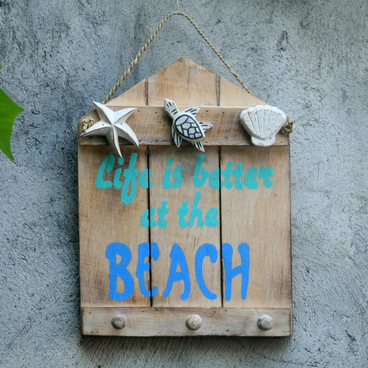 Life is Better at the Beach Beach and Nautical Distressed Wood Coat Rack from Indonesia