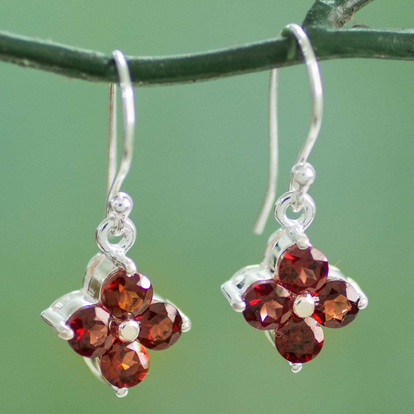 Petite Petals Artisan Crafted Floral Garnet Dangle Hook Earrings