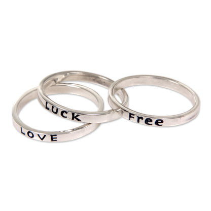 Free Luck Love Balinese Inspirational Silver Stacking Rings (Set of 3)