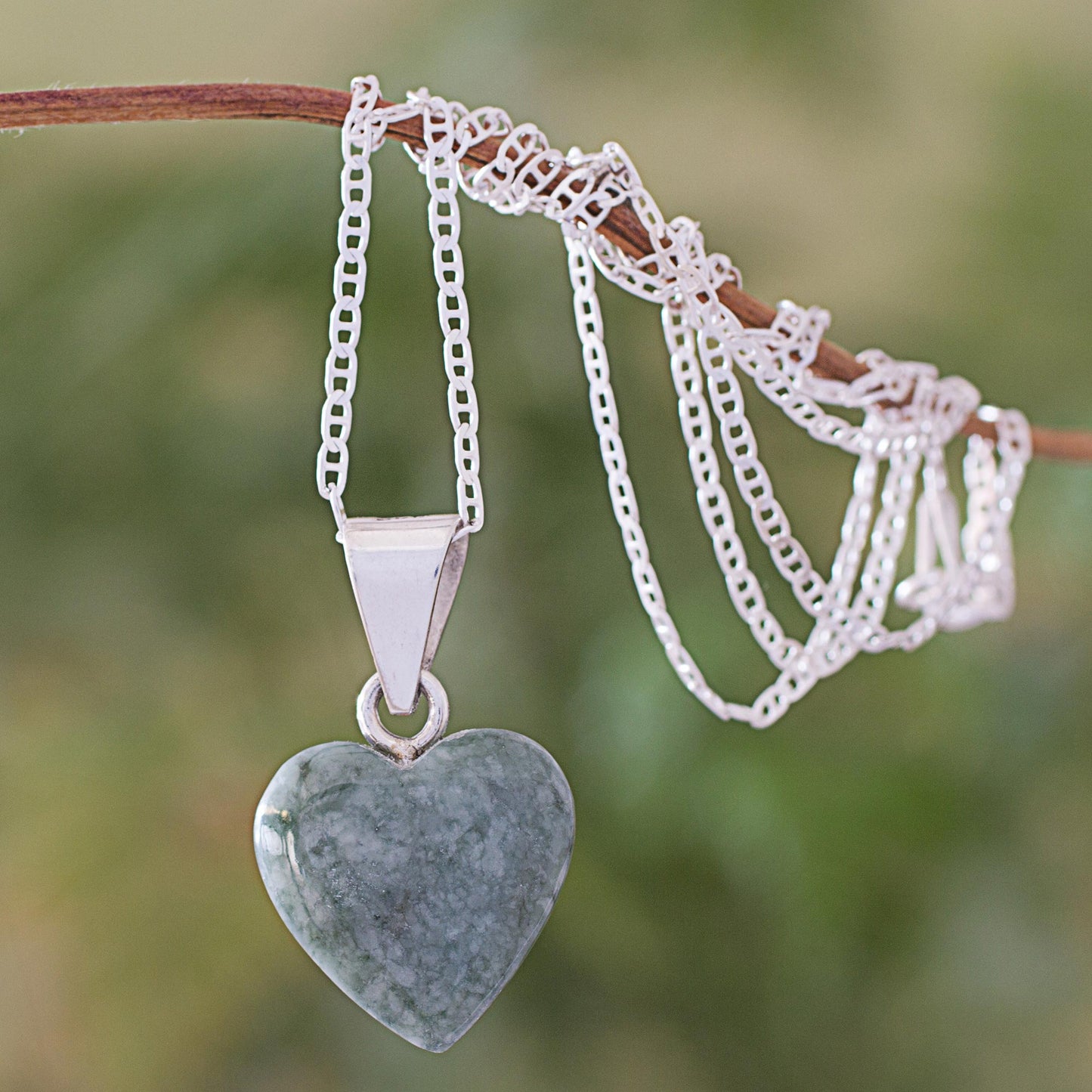 Mayan Heart in Light Green Jade & Silver Necklace