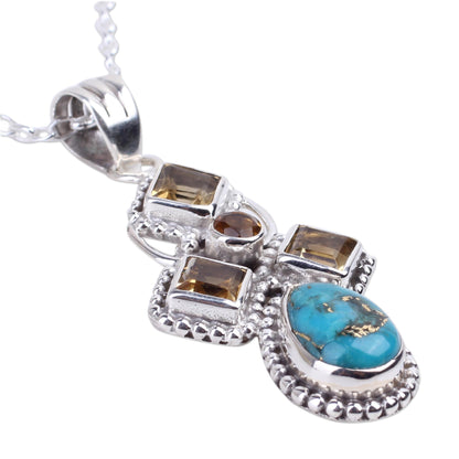 Geometric Illusions in Yellow Citrine and Composite Turquoise Sterling Silver Necklace