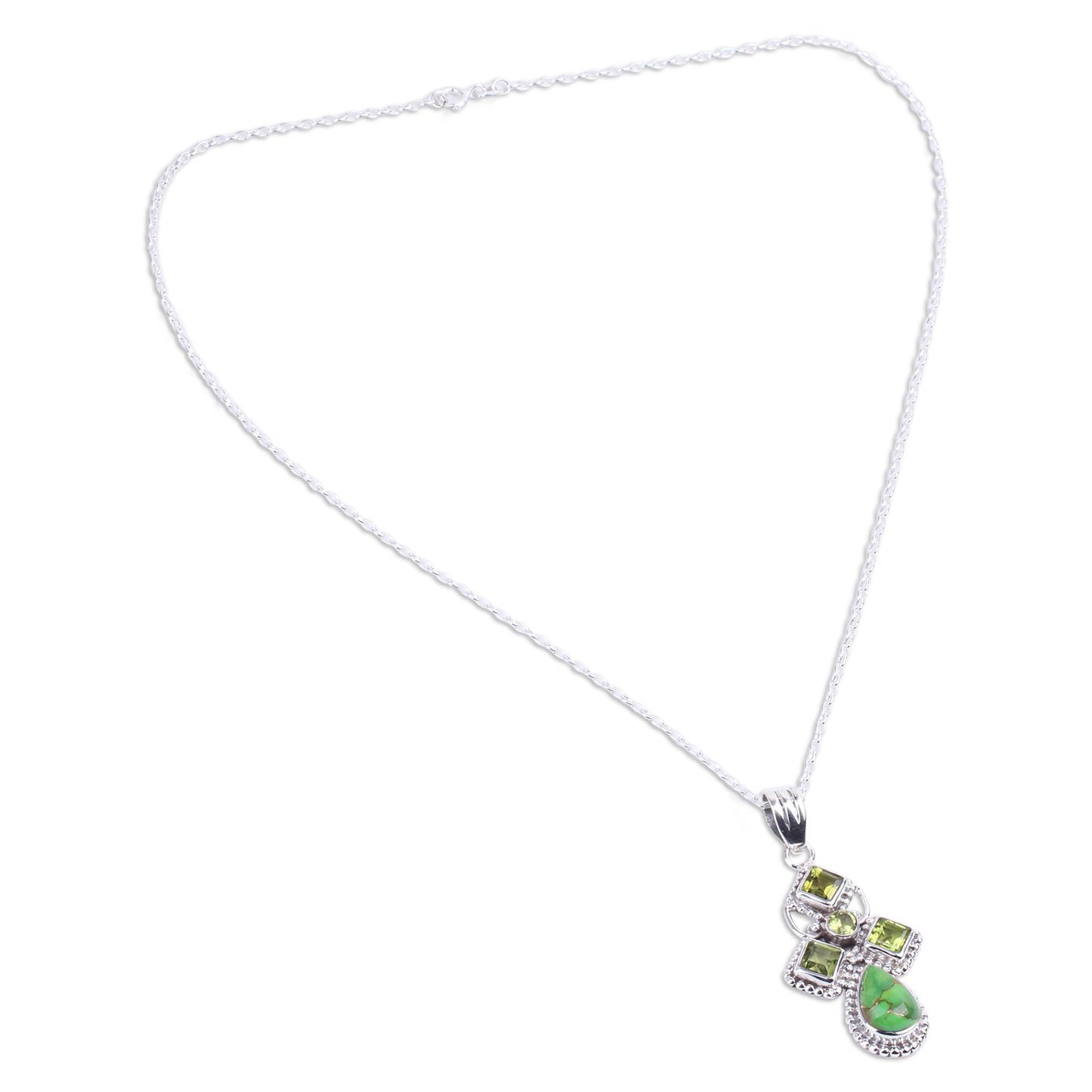 Geometric Illusions in Green Green Peridot and Composite Turquoise India Silver Necklace