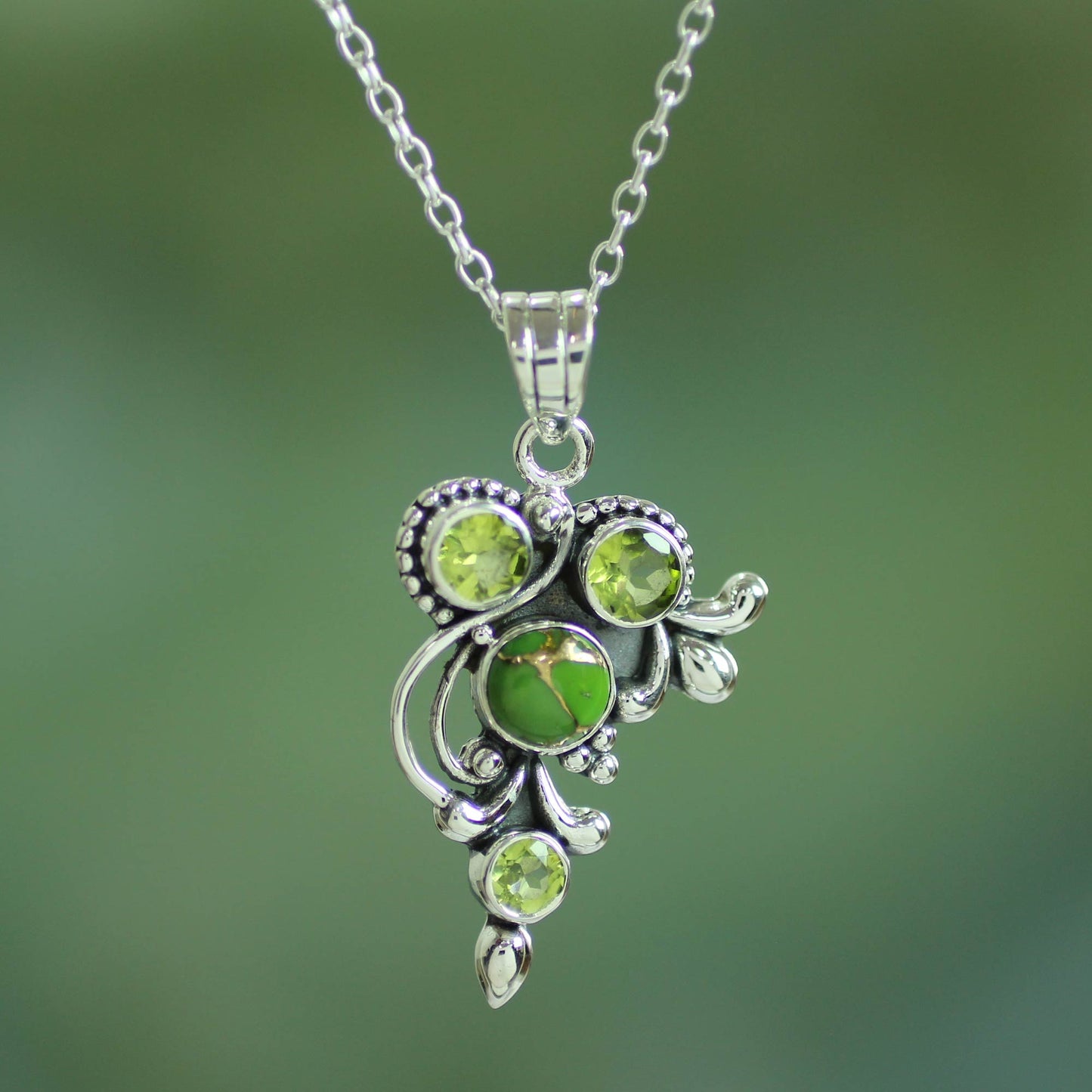 Mystic Forest Jaipur Hand Crafted Peridot and Sterling Silver Pendant Necklace