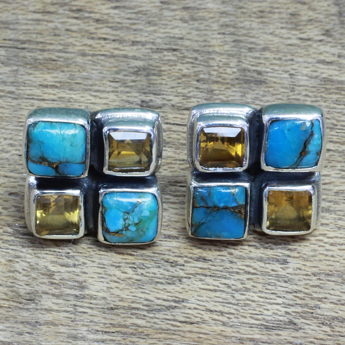 Harmonious Sky Citrine and Blue Composite Turquoise Button Earrings