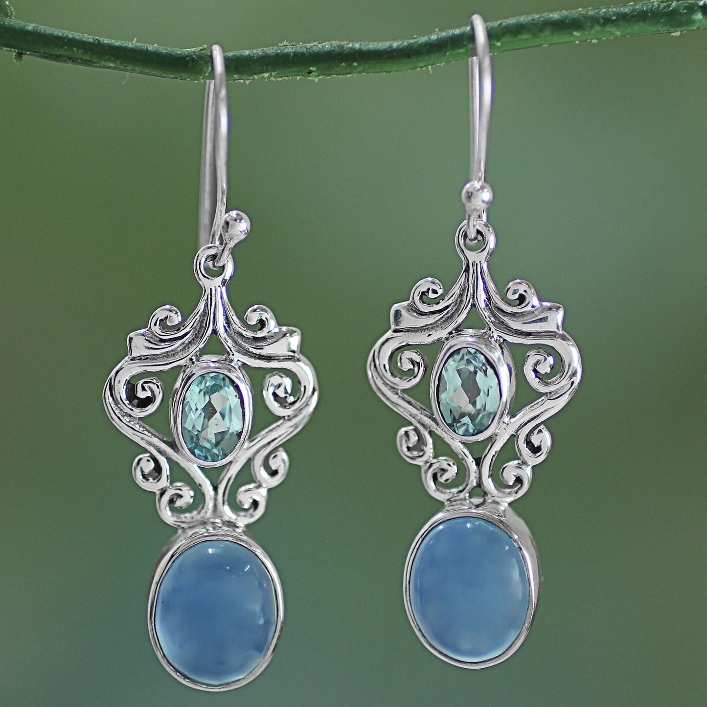 Harmonious Blue Handcrafted Blue Chalcedony and Topaz Dangle Earrings