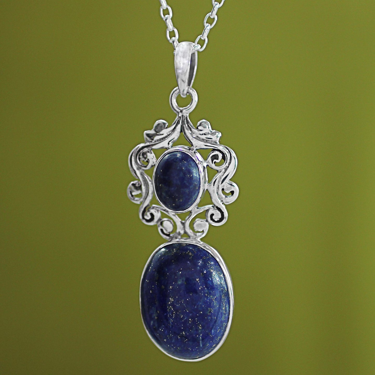 Whimsical Tendrils Handcrafted Deep Blue Lapis Lazuli Pendant Necklace