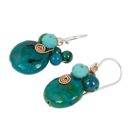 Moonlight Garden in Teal Teal Serpentine and Glass Bead Dangle Earrings with Copper