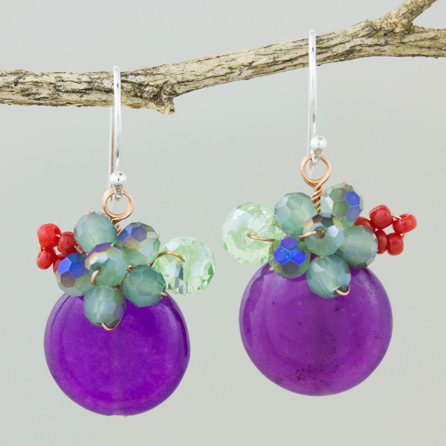 Moonlight Garden in Purple Purple Quartz and Glass Bead Dangle Earrings with Copper