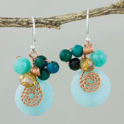 Moonlight Garden in Aqua Serpentine Quartz and Glass Bead Dangle Earrings with Copper