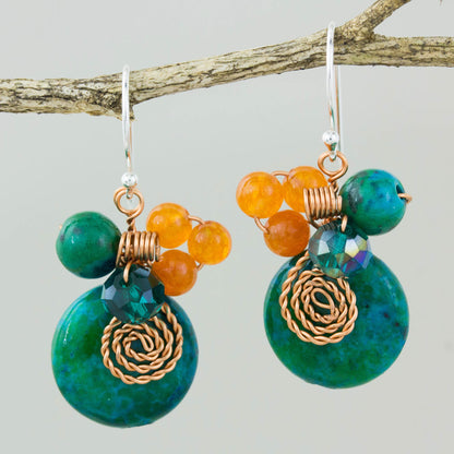 Moonlight Garden in Green Green Quartz and Serpentine Bead Dangle Earrings with Copper