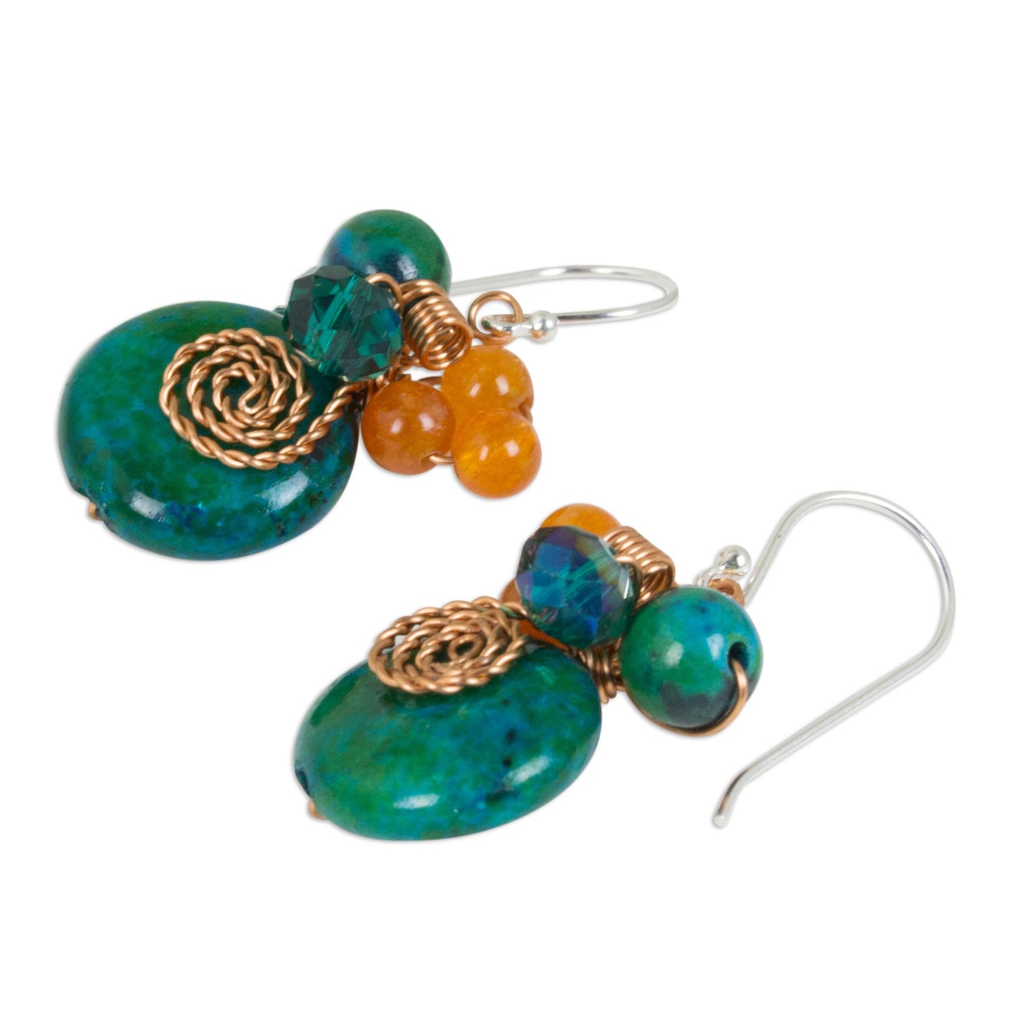 Moonlight Garden in Green Green Quartz and Serpentine Bead Dangle Earrings with Copper