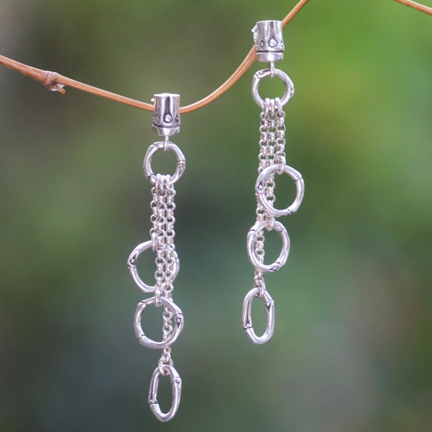 Bamboo Waterfall Balinese Sterling Silver Handmade Engraved Dangle Earrings