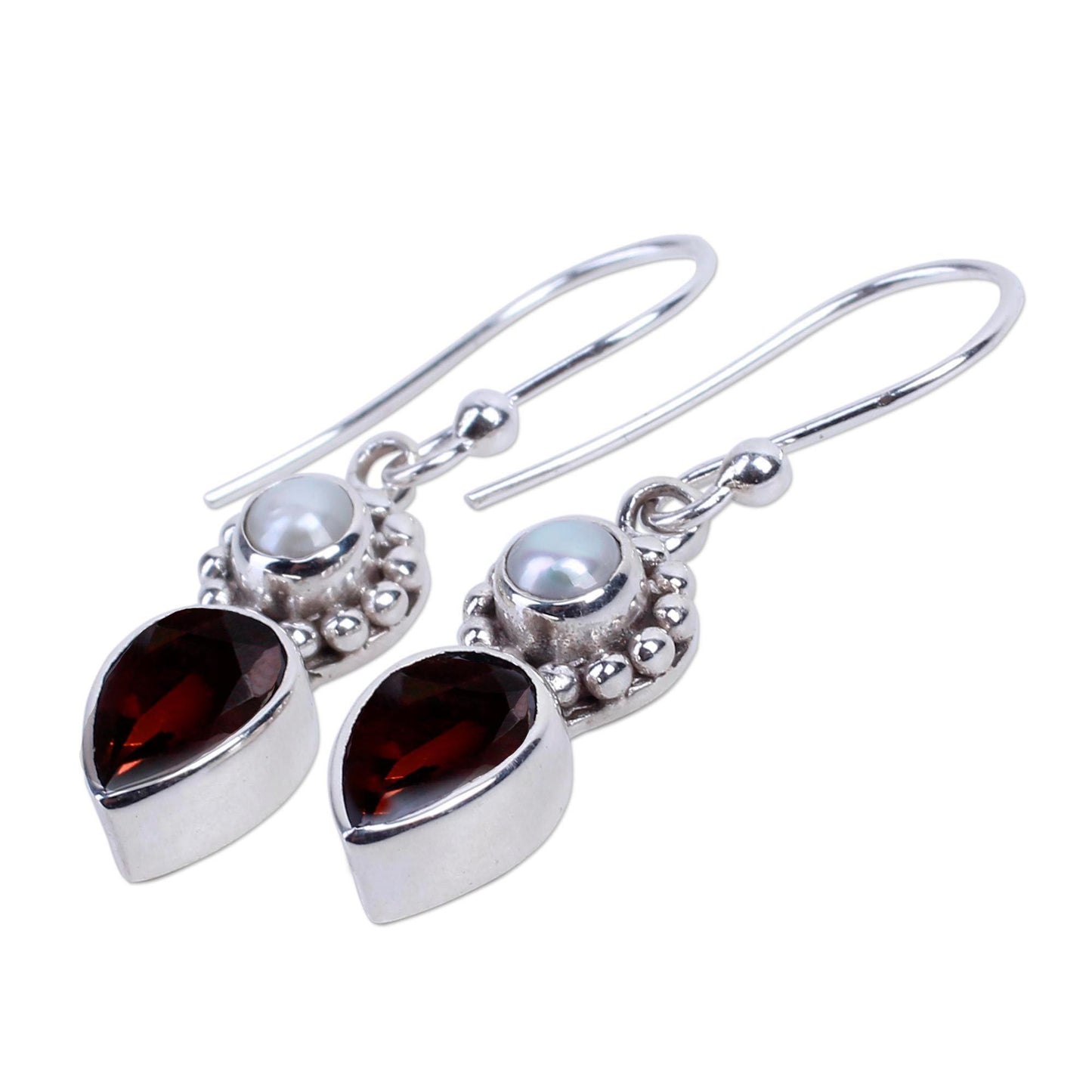 Garnet & Pearl Tear Dangle Earrings