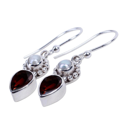 Garnet & Pearl Tear Dangle Earrings