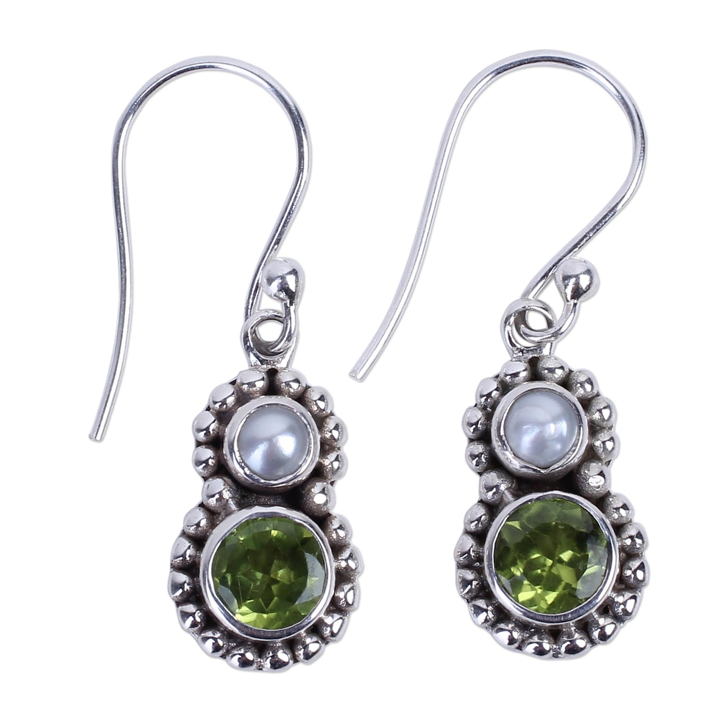 Kolkata Sparkle Petite Peridot and Cultured Pearl Silver Dangle Earrings