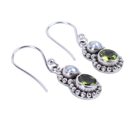 Kolkata Sparkle Petite Peridot and Cultured Pearl Silver Dangle Earrings