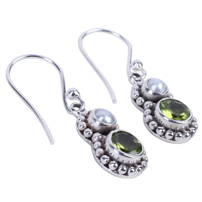 Kolkata Sparkle Petite Peridot and Cultured Pearl Silver Dangle Earrings