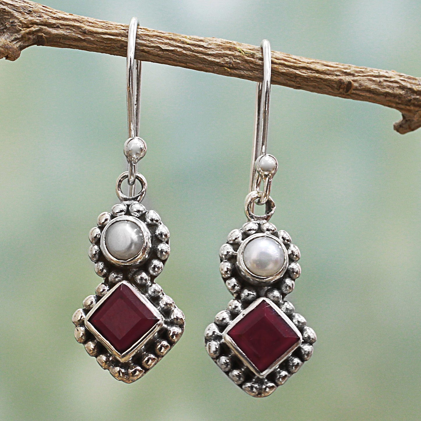 Kolkata Sparkle Garnet and Cultured Pearl Dangle Earrings in Silver 925