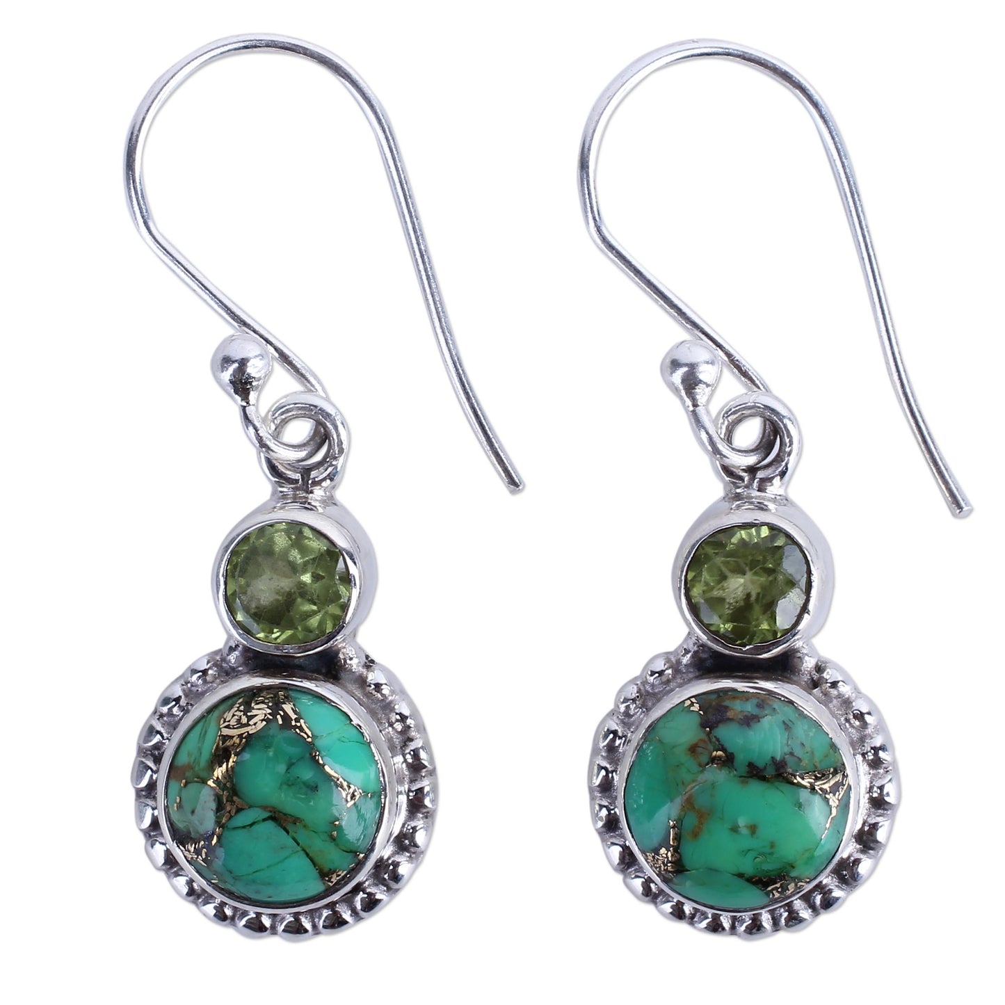 Forest Floor Peridot, Composite Turquoise, and Sterling Silver Earring