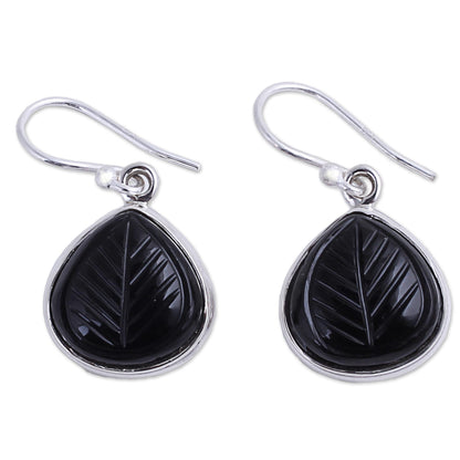 Betel Leaf Hand Made Sterling Silver Onyx Dangle Earrings from India