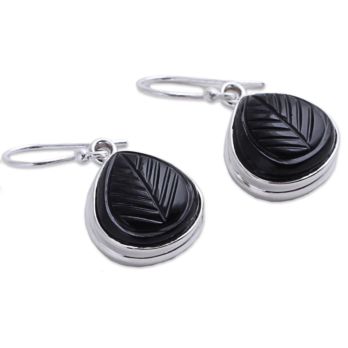 Betel Leaf Hand Made Sterling Silver Onyx Dangle Earrings from India