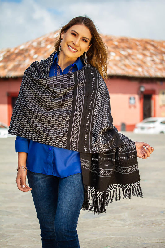 Fiesta in Black and Silver Silvery Grey on Black Handwoven Zapotec Rebozo Shawl