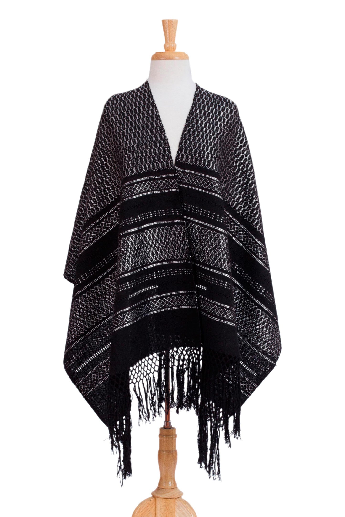 Fiesta in Black and Silver Silvery Grey on Black Handwoven Zapotec Rebozo Shawl