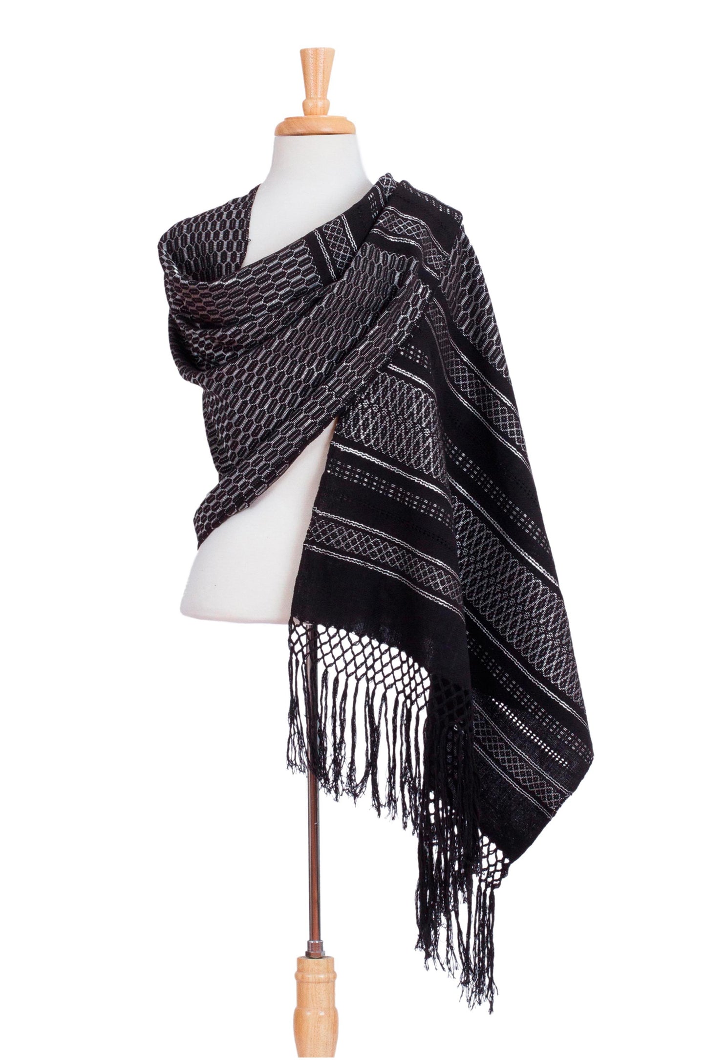 Fiesta in Black and Silver Silvery Grey on Black Handwoven Zapotec Rebozo Shawl