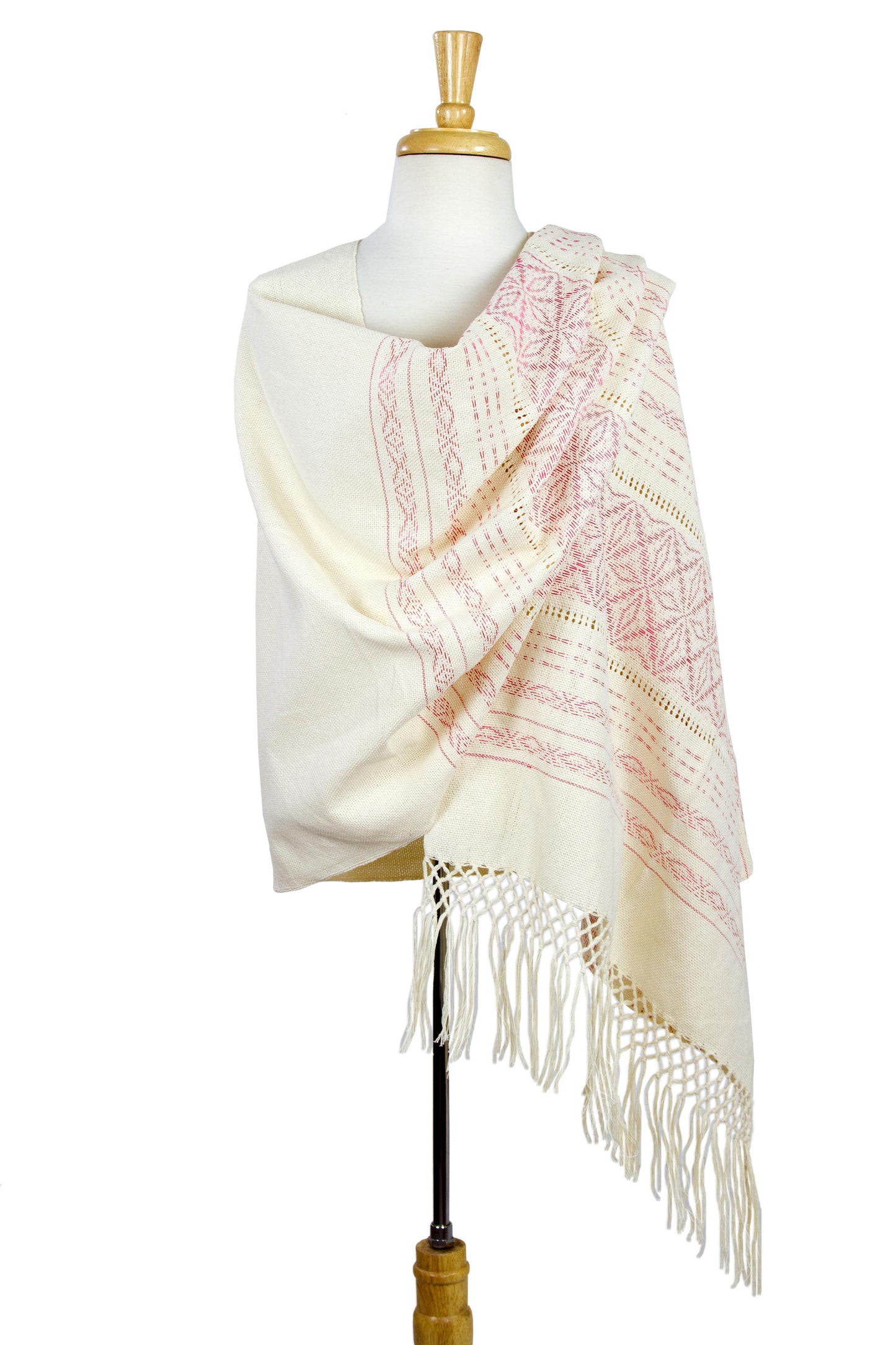 Pink Stars of Teotitlan Pink and Creamy Cotton Handwoven Zapotec Shawl