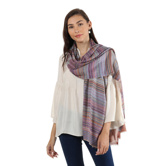 Brilliant Stripes 100% Wool Shawl with Multicolored Stripes Handmade in India