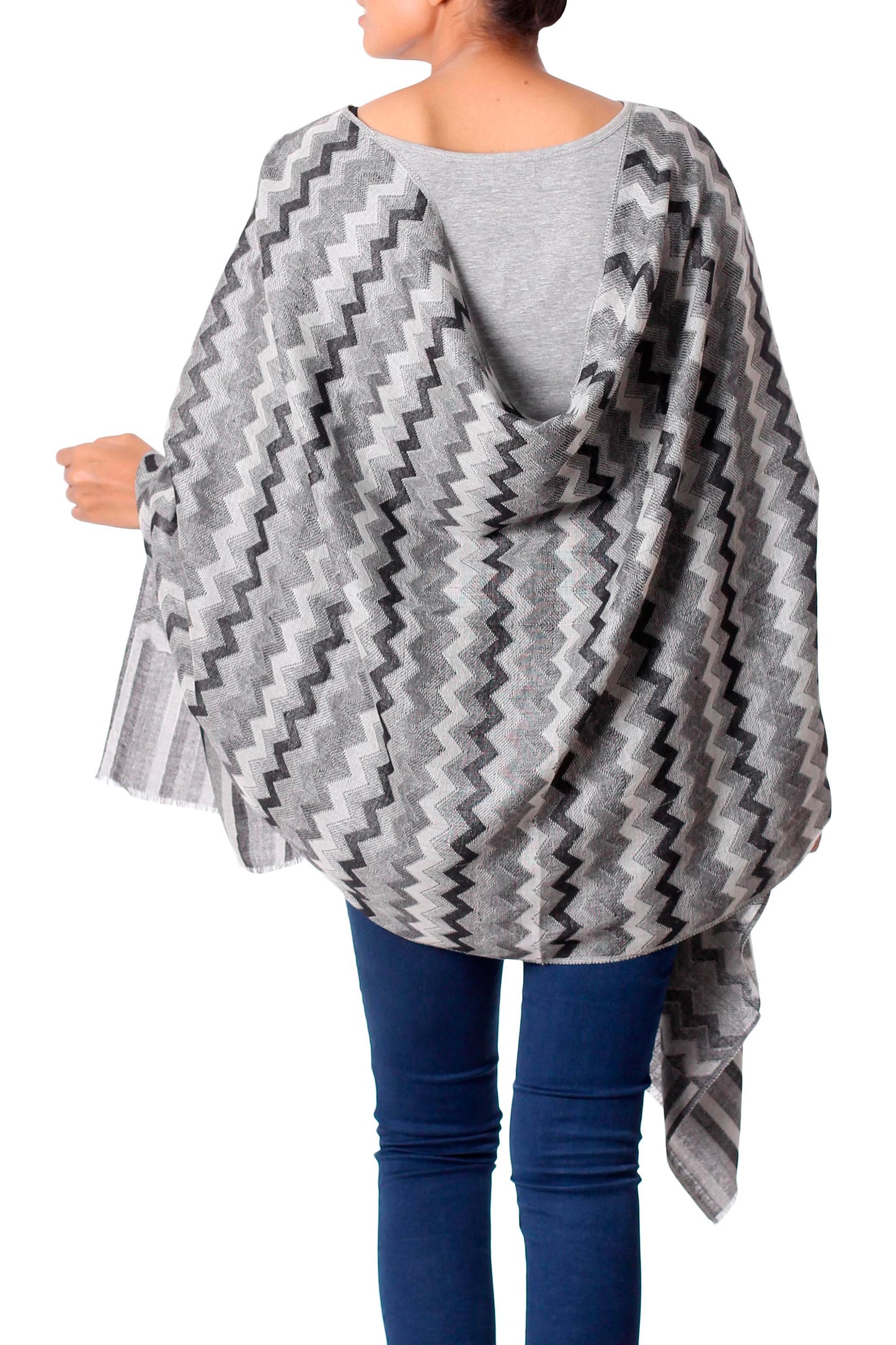 Grey Delight Hand Woven Wool Shawl from India in Grey, Black, and White