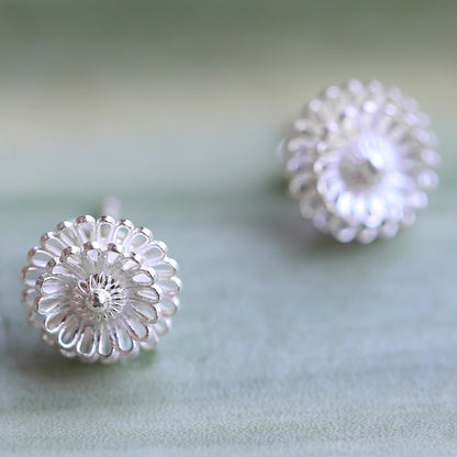 Zinnia Flowers Sterling Silver Stud Earrings