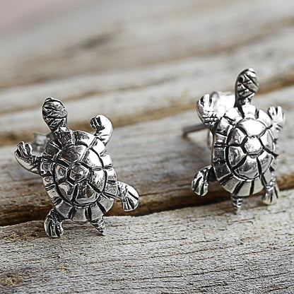 Little Turtles Silver Button Earrings