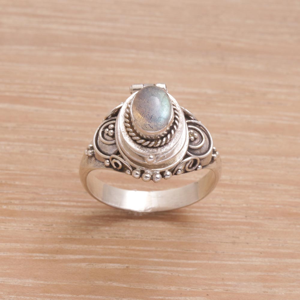 Shimmering Shrine Labradorite and Sterling Silver Locket Ring from Bali