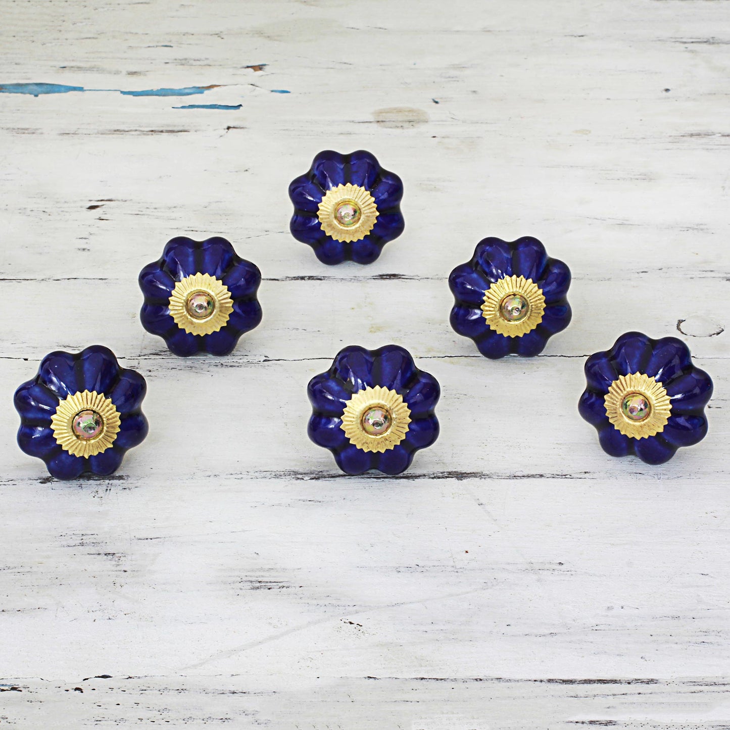 Floral Beauties in Indigo Hand Made Ceramic Cabinet Knobs Floral Blue (Set of 6) India