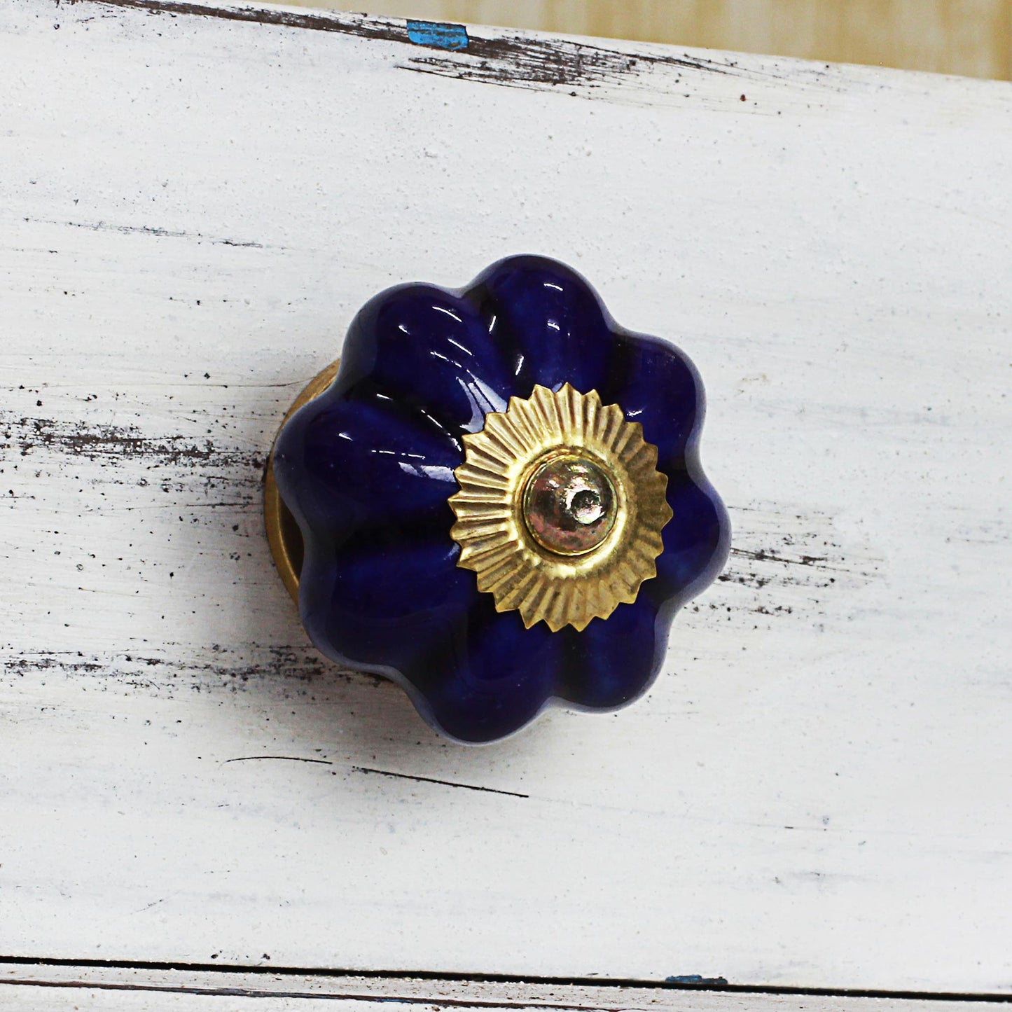 Floral Beauties in Indigo Hand Made Ceramic Cabinet Knobs Floral Blue (Set of 6) India