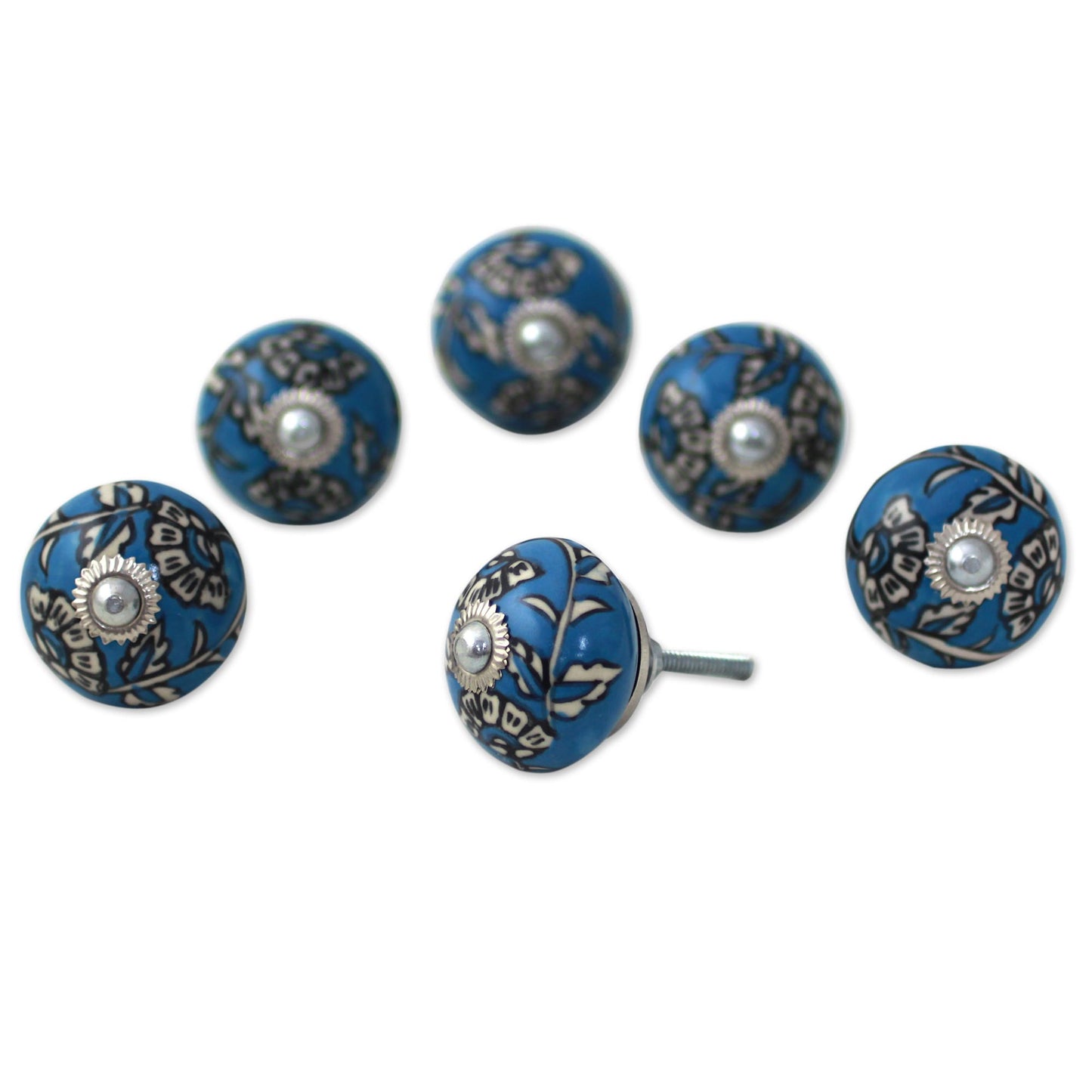 Charming Blue Flowers Ceramic Cabinet Knobs Floral Blue and White (Set of 6) India