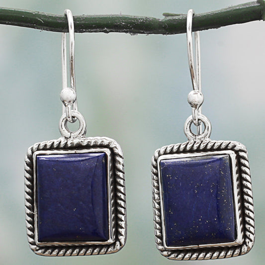 Blue Frame Lapis Lazuli Sterling Silver Rectangle Dangle Earrings