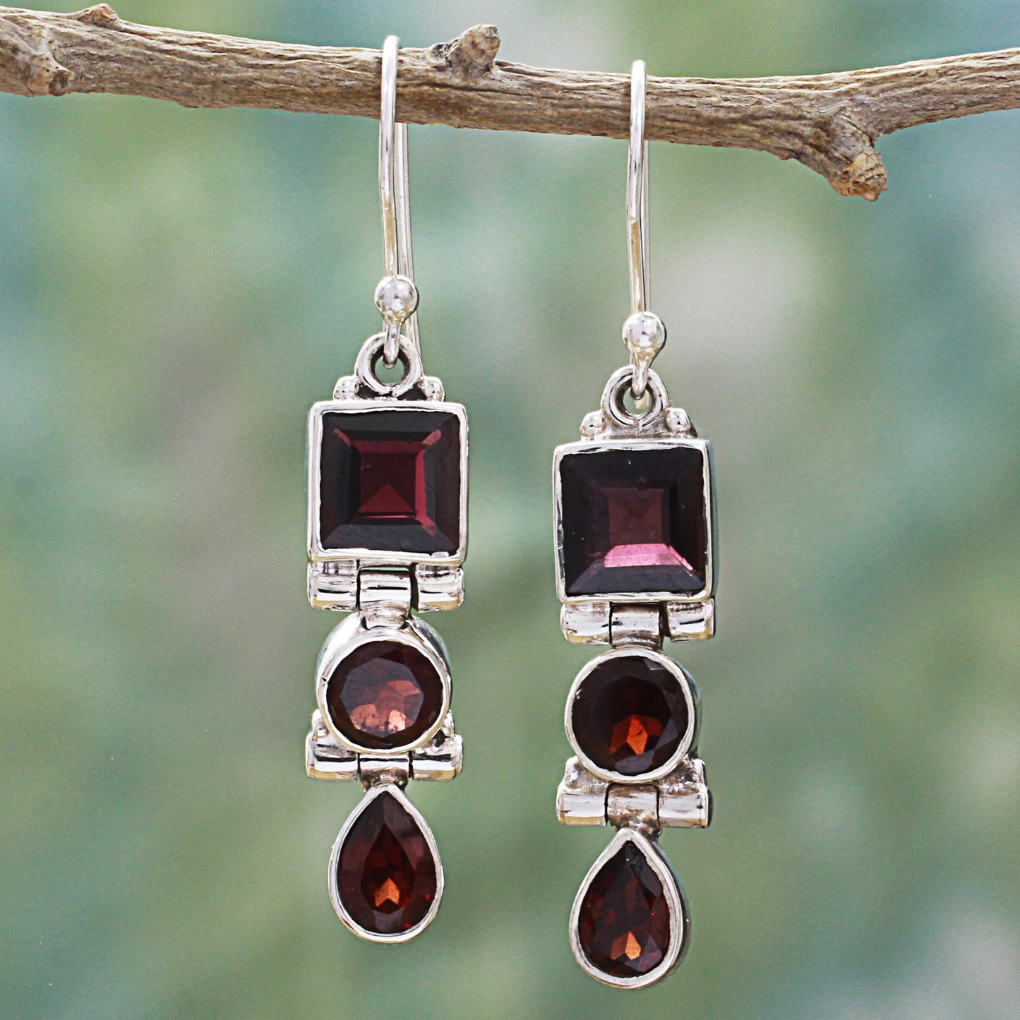 Radiant Glamour Geometric Garnet and Sterling Silver Dangle Earrings