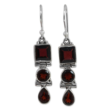 Radiant Glamour Geometric Garnet and Sterling Silver Dangle Earrings