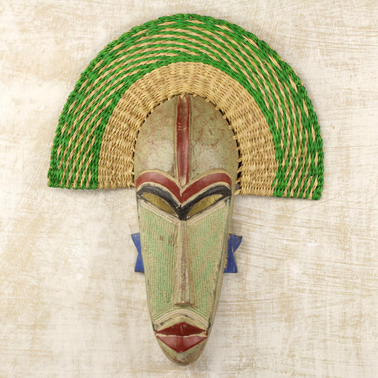 Akuwuezuika Hand Made African Mask with Wood and Raffia Accents