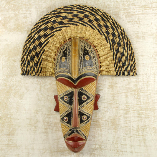 Prosper Hand Made African Mask with Wood and Raffia Accents