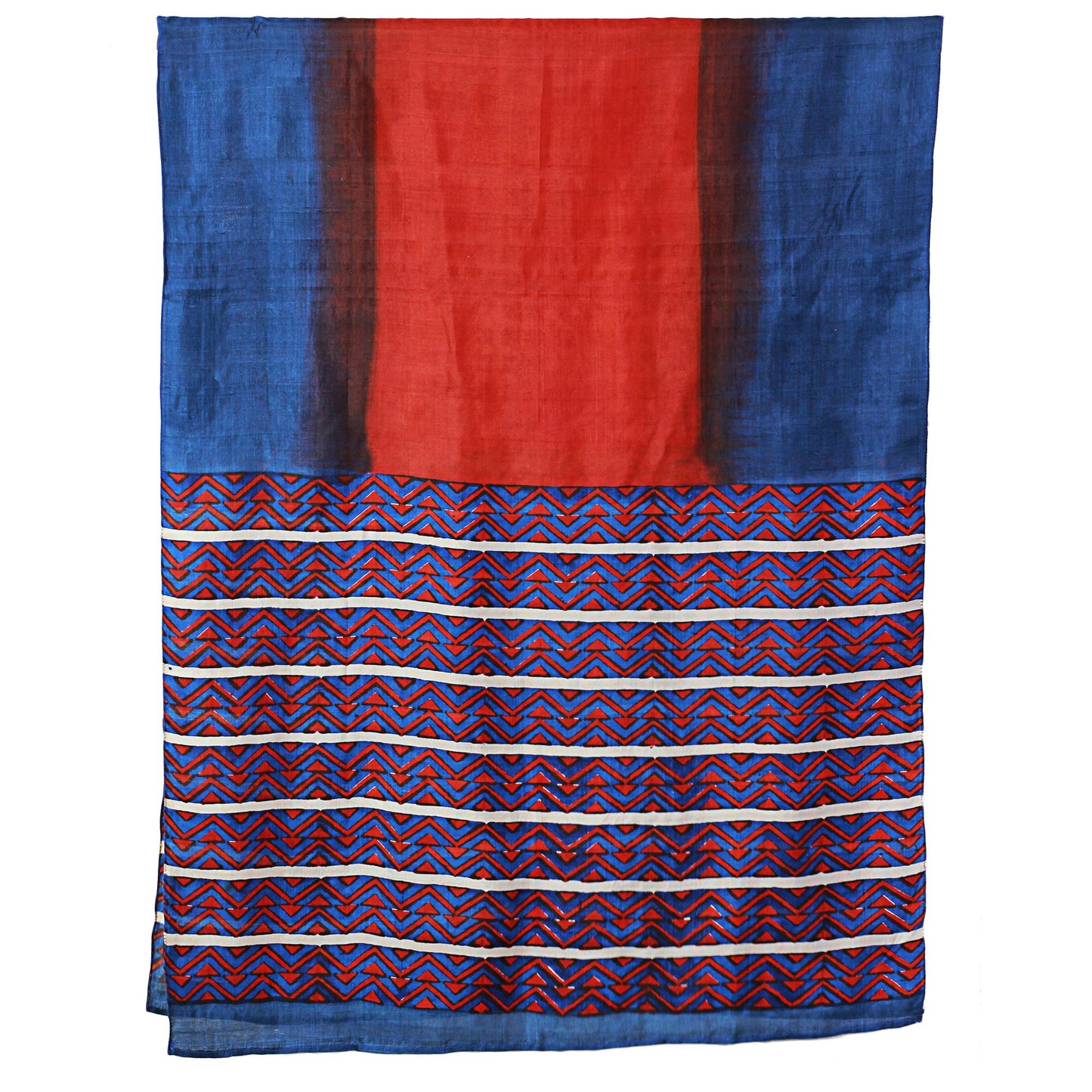 Bengali Festival in Cinnabar Hand Woven Cinnabar Azure Geometric Silk Shawl from India