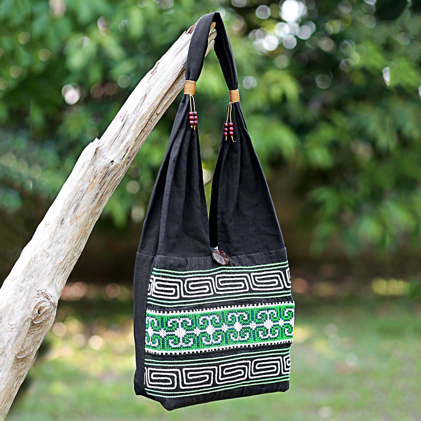 Forest Colors 100% Cotton Green Black Embroidered Shoulder Bag Thailand