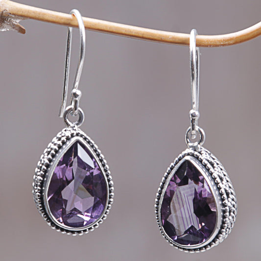 Sparkling Dew Amethyst & Silver Dangle Earrings